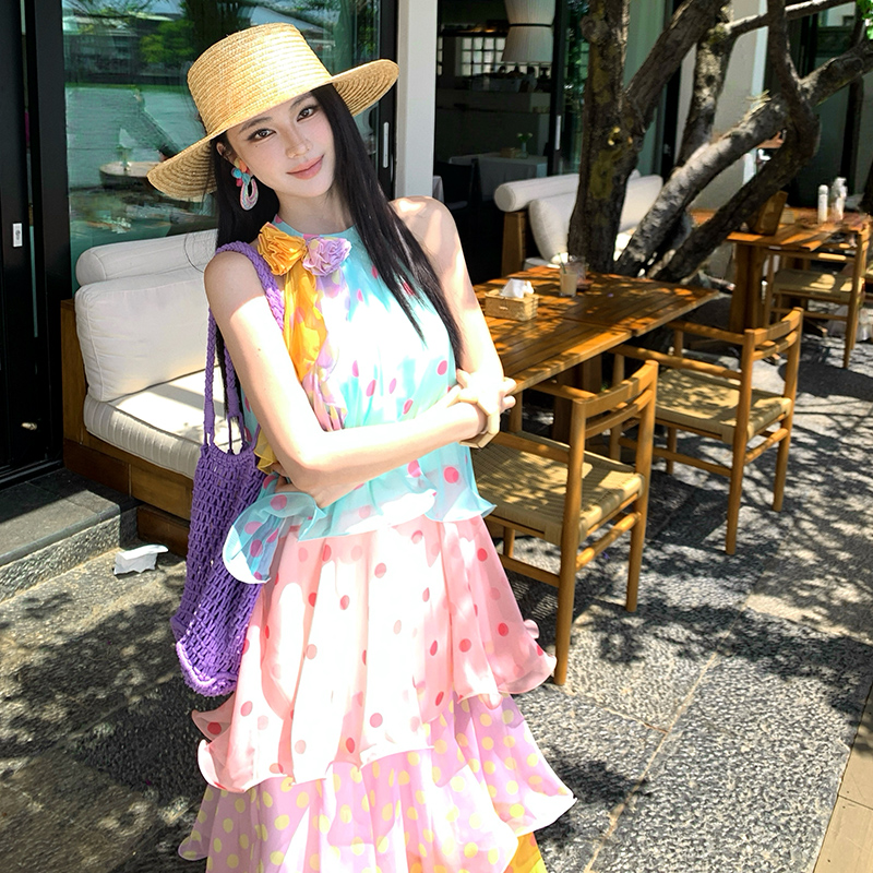 Cake sweet vacation dress maiden polka dot colors long dress