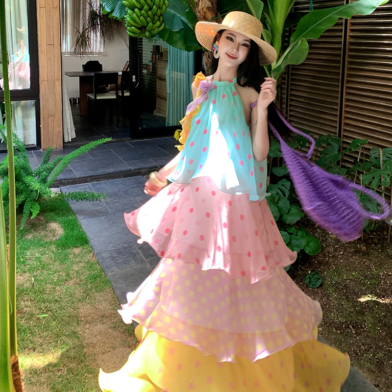 Cake sweet vacation dress maiden polka dot colors long dress