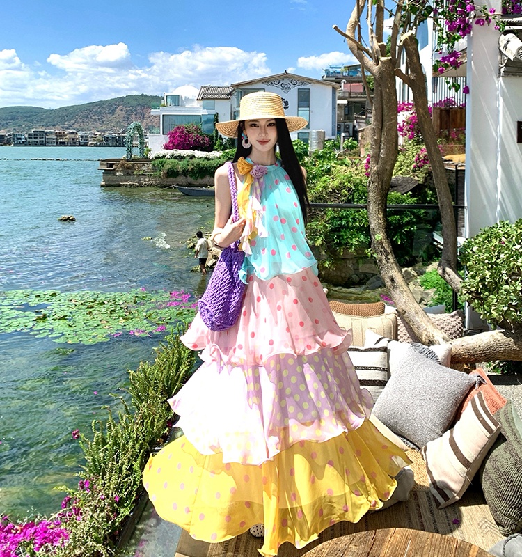 Cake sweet vacation dress maiden polka dot colors long dress