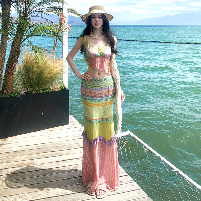 Seaside lace sling splice tops a set for women