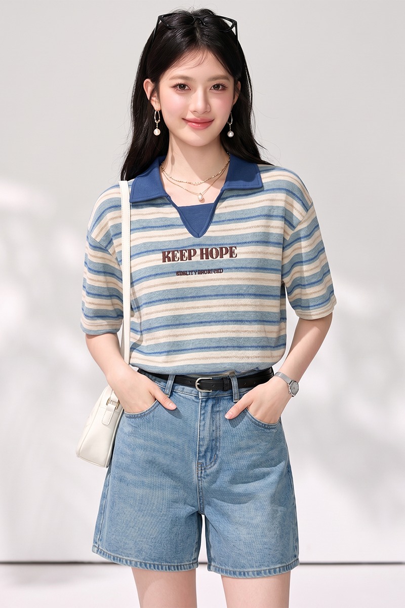 Summer short sleeve shirts stripe loose tops