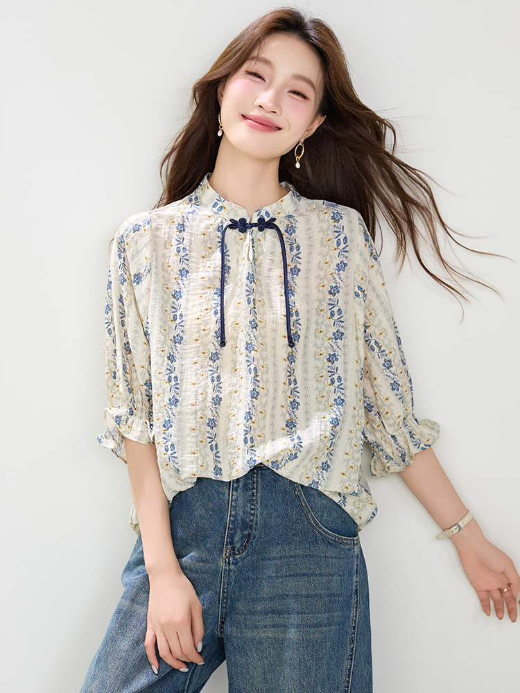 Retro pullover shirt cstand collar summer small shirt