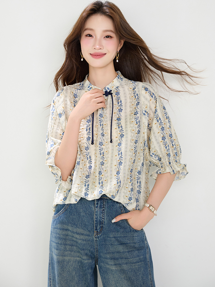 Retro pullover shirt cstand collar summer small shirt