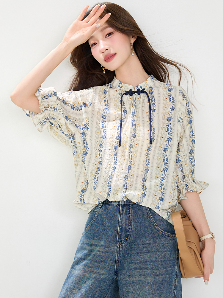Retro pullover shirt cstand collar summer small shirt