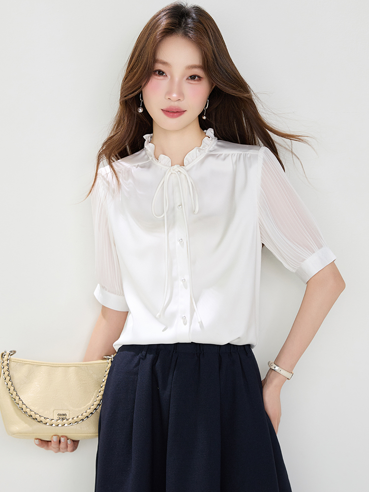 Organ pleated sleeve tops white satin shirt for women