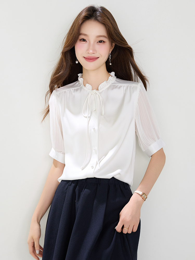 Organ pleated sleeve tops white satin shirt for women