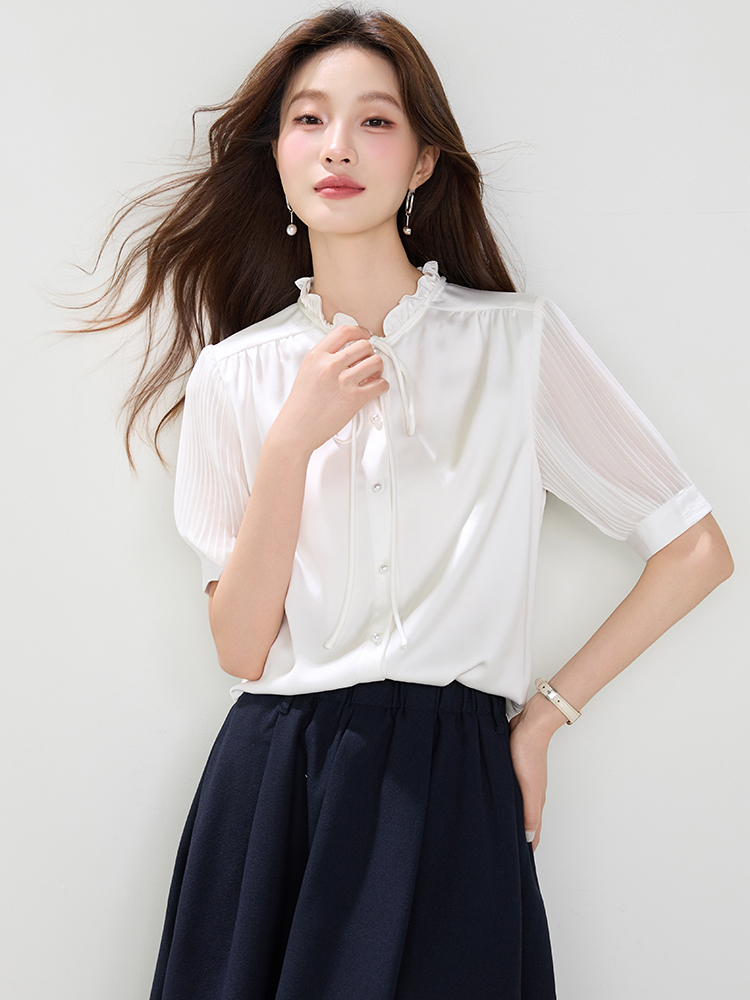 Organ pleated sleeve tops white satin shirt for women