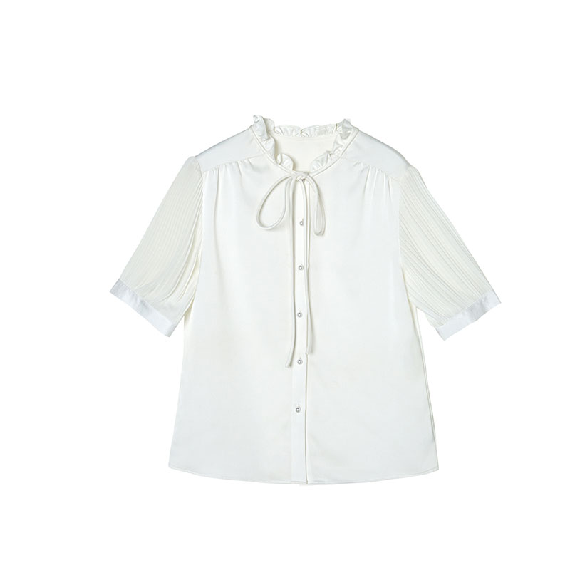 Organ pleated sleeve tops white satin shirt for women