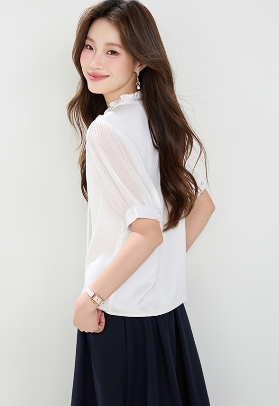 Organ pleated sleeve tops white satin shirt for women