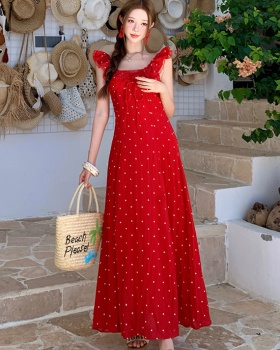 Lotus leaf edges V-neck pinched waist sling dress for women