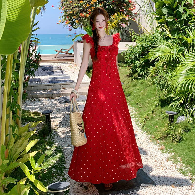 Lotus leaf edges V-neck pinched waist sling dress for women