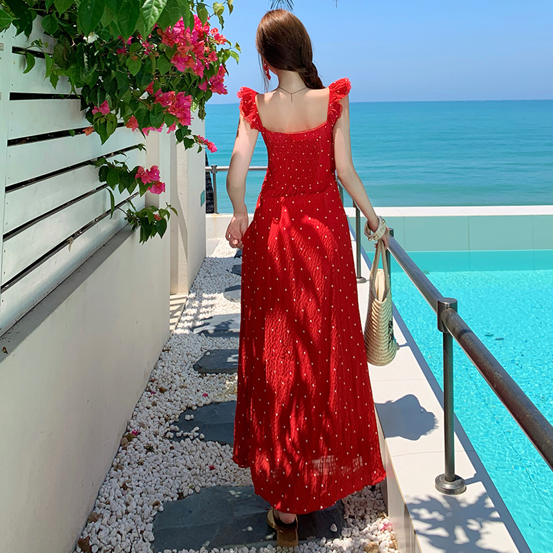 Lotus leaf edges V-neck pinched waist sling dress for women