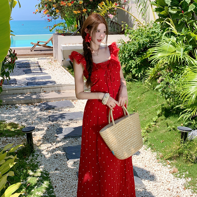 Lotus leaf edges V-neck pinched waist sling dress for women