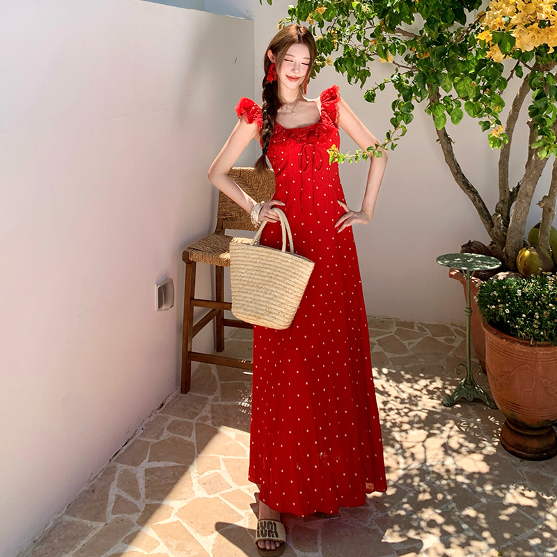 Lotus leaf edges V-neck pinched waist sling dress for women