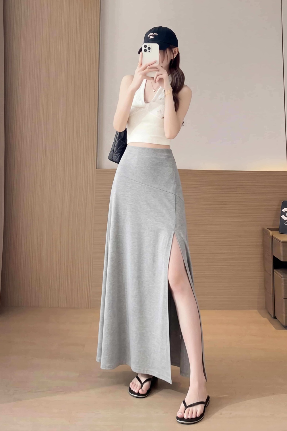 Stripe irregular Western style high waist gray long skirt