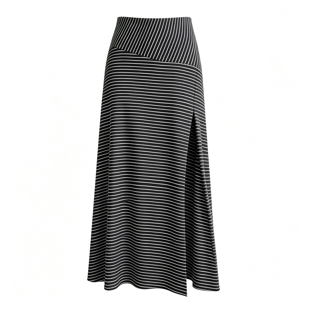 Stripe irregular Western style high waist gray long skirt