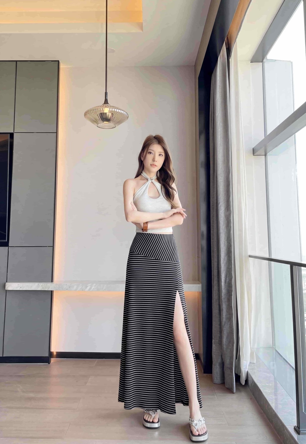 Stripe irregular Western style high waist gray long skirt