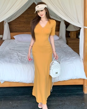 Slim short sleeve long dress V-neck dress for women