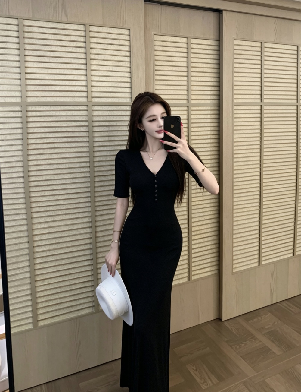 Slim short sleeve long dress V-neck dress for women