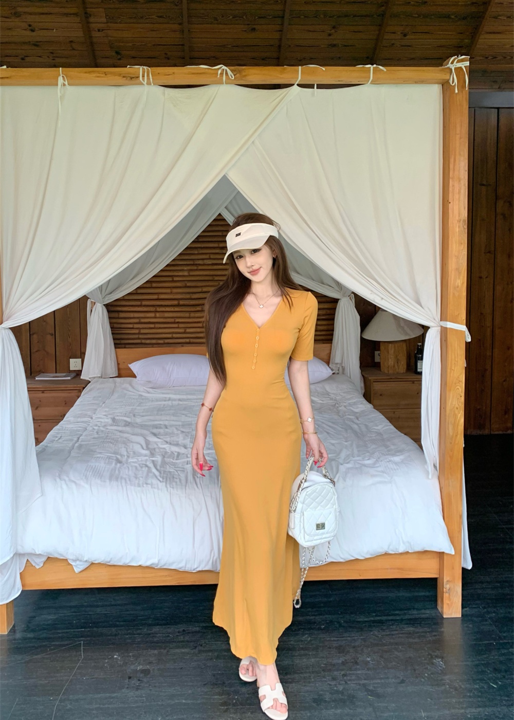 Slim short sleeve long dress V-neck dress for women