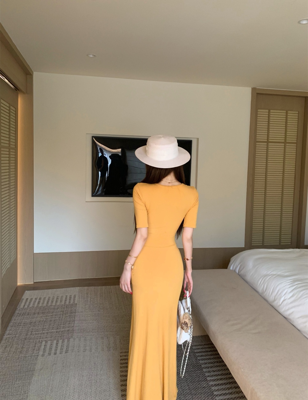 Slim short sleeve long dress V-neck dress for women
