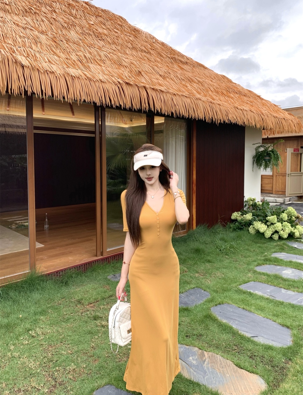 Slim short sleeve long dress V-neck dress for women