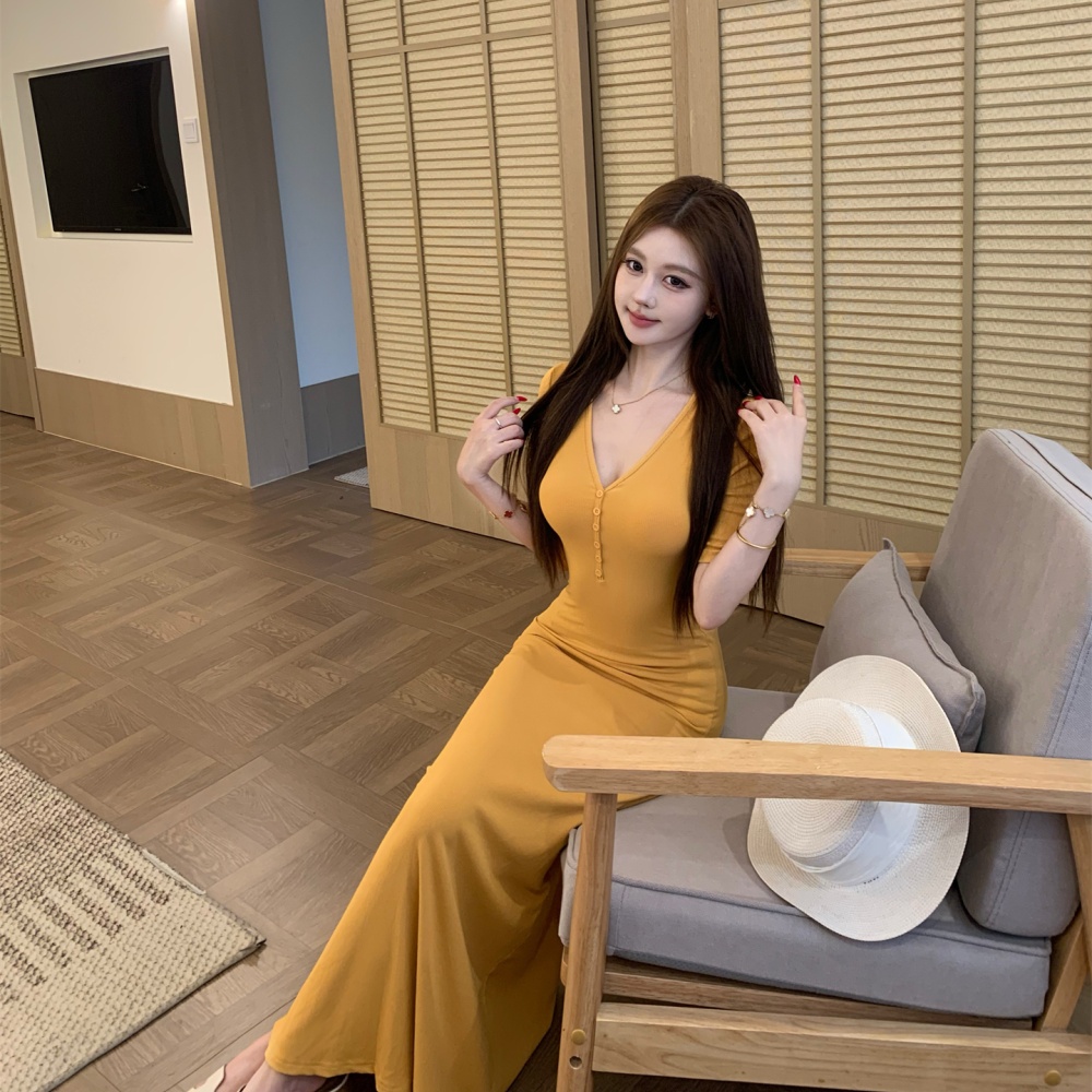Slim short sleeve long dress V-neck dress for women