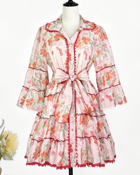 Fresh lace printing France style short cherry dress