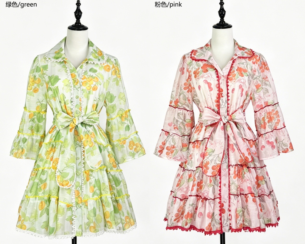 Fresh lace printing France style short cherry dress