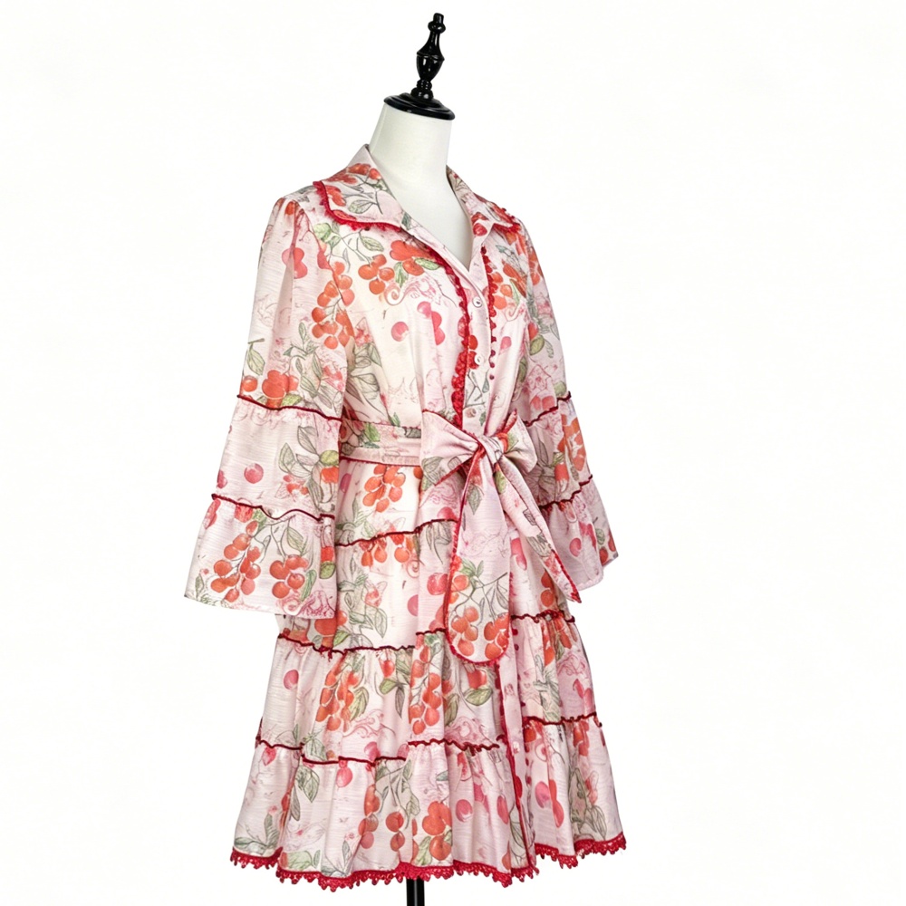 Fresh lace printing France style short cherry dress