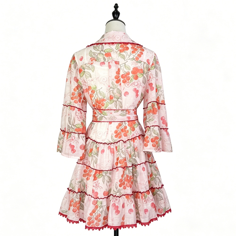 Fresh lace printing France style short cherry dress