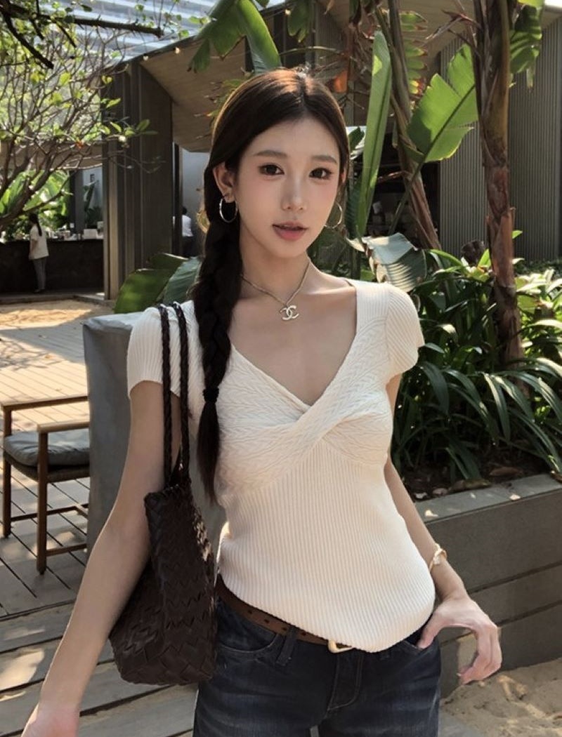 Slim all-match sweater cross sexy tops for women