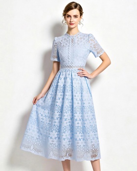 Short sleeve slim hollow lace long dress