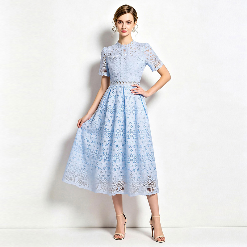 Short sleeve slim hollow lace long dress