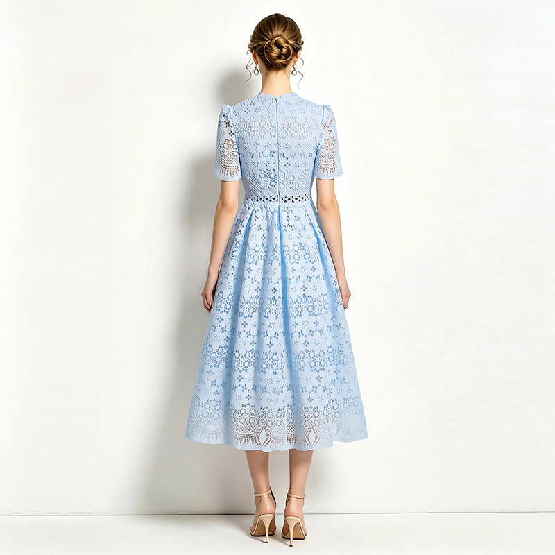 Short sleeve slim hollow lace long dress