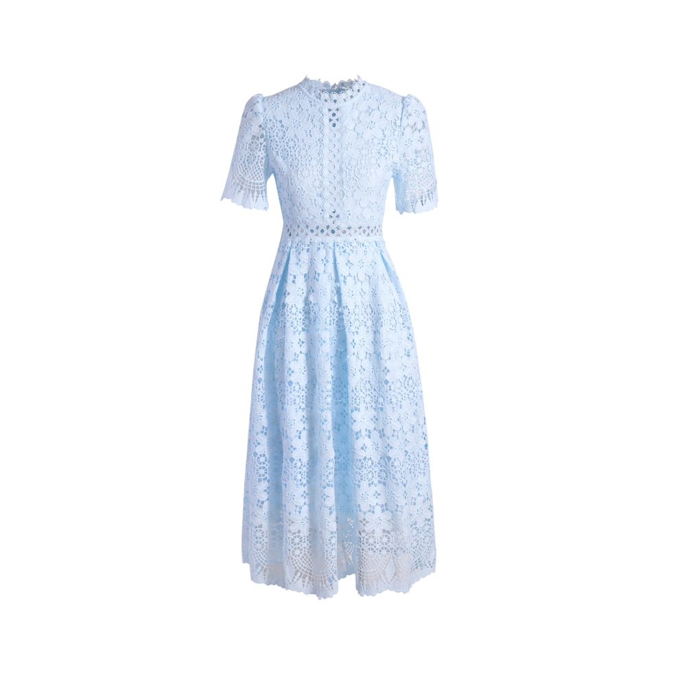 Short sleeve slim hollow lace long dress