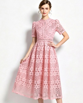 Hollow long slim short sleeve lace dress