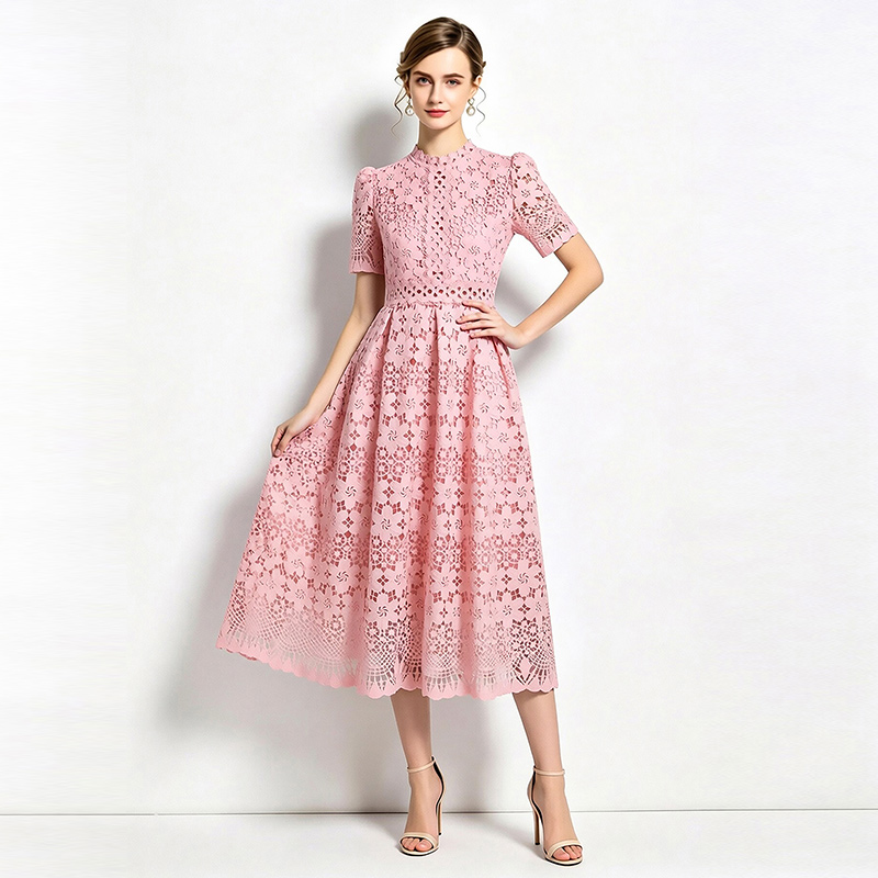 Hollow long slim short sleeve lace dress