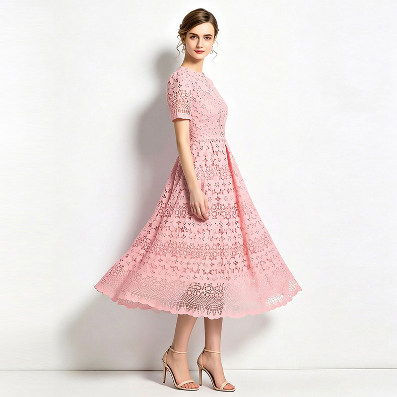 Hollow long slim short sleeve lace dress