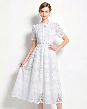 Long lace hollow slim short sleeve dress