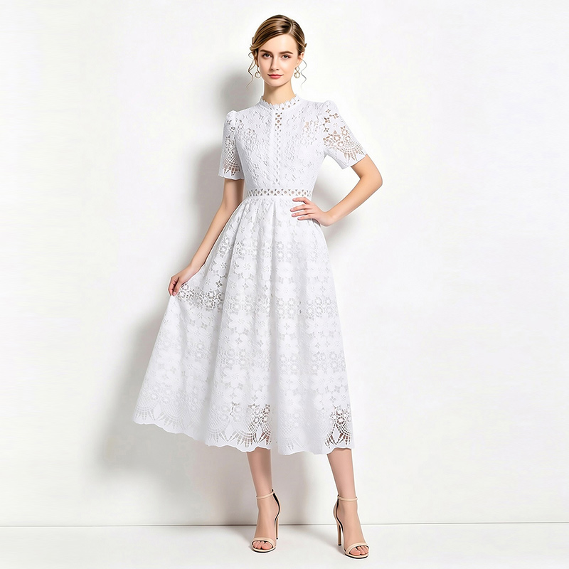 Long lace hollow slim short sleeve dress