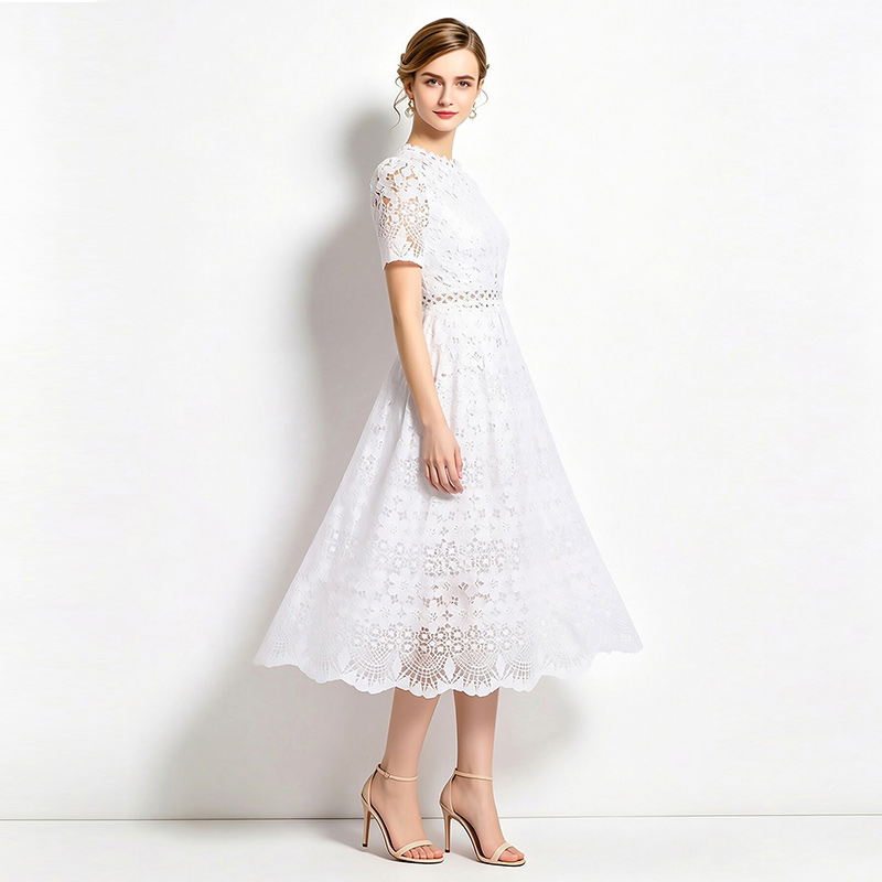 Long lace hollow slim short sleeve dress