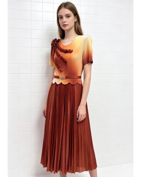 Fold pleated gradient short sleeve large yard loose dress