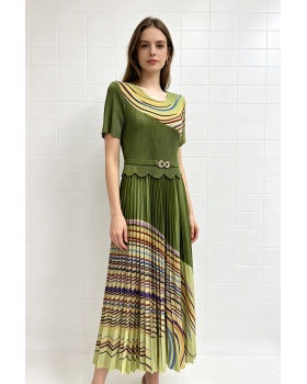 Short sleeve pinched waist printing slim fold dress for women