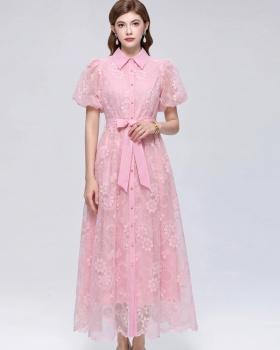 Frenum lantern sleeve A-line slim lace dress