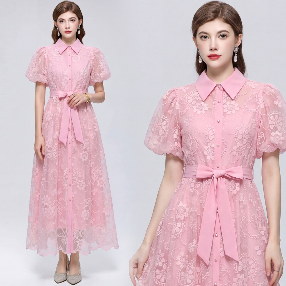 Frenum lantern sleeve A-line slim lace dress