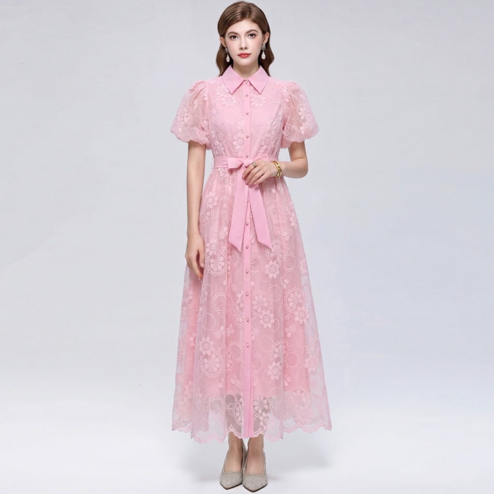 Frenum lantern sleeve A-line slim lace dress