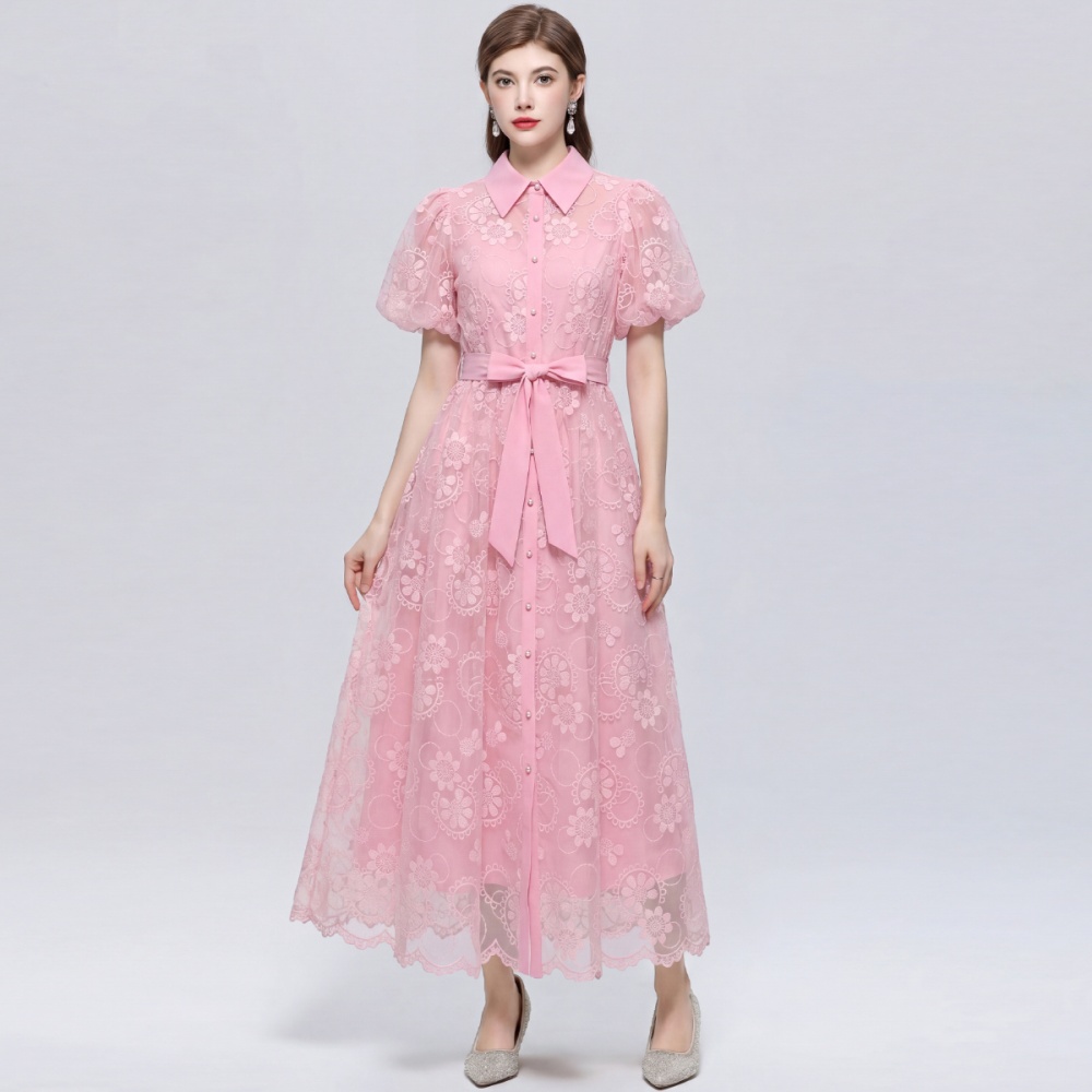 Frenum lantern sleeve A-line slim lace dress