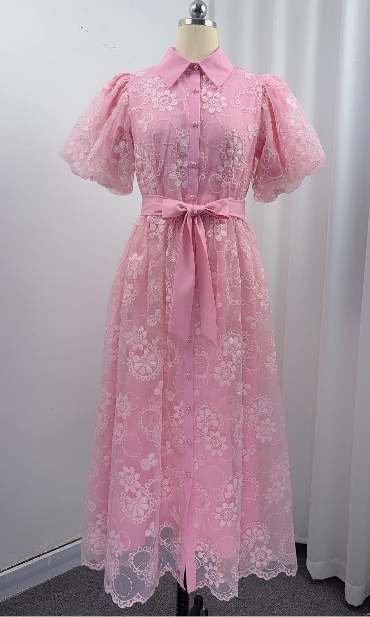 Frenum lantern sleeve A-line slim lace dress