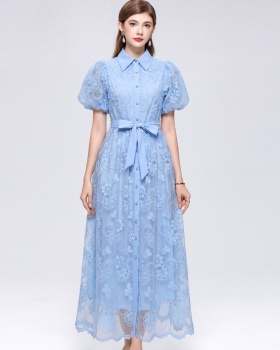 France style lantern sleeve lace A-line pinched waist dress
